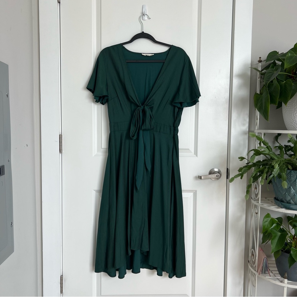 Dark Green Satin Tie-Front Dress | Flutter Sleeve | Size Large
